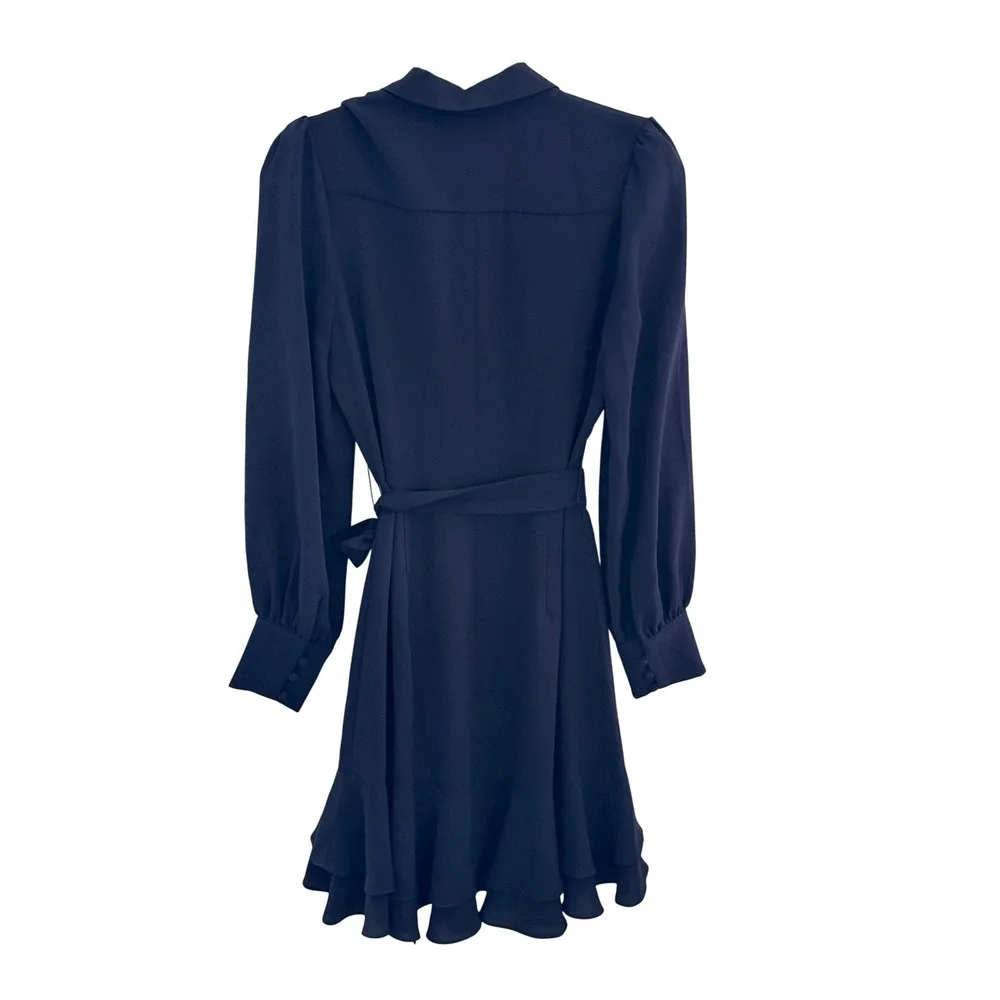 Alex Marie Navy Blue Pleated Ruffle Hem Long Sleeve Shirt Dress 4 NWOT